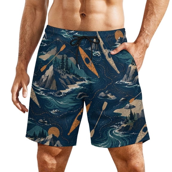 Rugged Coast Kayak TripMen’s Beach Shorts Quick Dry Swim Trunks, Lightweight Board Shorts with Elastic Waist for Swimming, Pool, Vacation and Summer Beachwear