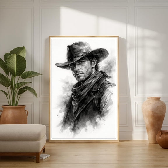 Rugged Cowboy Portrait Ink Wash Graphite Monochrome Wall Art Unframed Canvas 8x10in