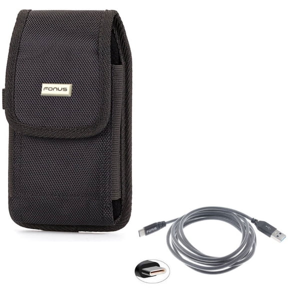 Rugged Durable Canvas Case Belt Holster w Mesh Braided Gray 6ft Long Type-C Cable Rapid Charger Sync USB Wire J3Z for Nokia 3.1 Plus - OnePlus 5T, 6, 6T, 7 Pro - Razer Phone 2