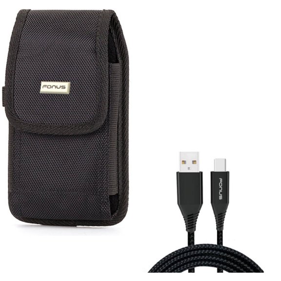 Rugged Durable Canvas Case Holster Belt Clip w 6ft Long Braided USB Type-C Cable Charger Power Cord E6R for Razer Phone 2 - RED Hydrogen One - Samsung Galaxy S9 Plus, S8+, S10 Plus 5G Note 9 8