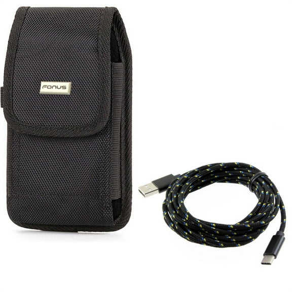 Rugged Durable Canvas Case Holster Metal Belt Clip w Black Durable Braided 10ft Long Type-C Cable Rapid Charger Sync USB Wire Y4P for Nokia 3.1 Plus - OnePlus 5T, 6, 6T, 7 Pro - Razer Phone 2