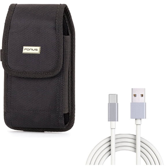 Rugged Durable Canvas Case Holster Metal Belt Clip w White 10ft Long Type-C Cable Rapid Charge USB Wire Sync V7W for Nokia 3.1 Plus - OnePlus 5T, 6, 6T, 7 Pro - Razer Phone 2