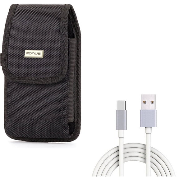 Rugged Durable Case Holster Metal Belt Clip w White 6ft Long Type-C Cable Rapid Charge USB Wire Sync J6X for Motorola Moto Z Force Droid G7 Power G6 - Nokia 3.1 Plus - OnePlus 5T, 6, 6T, 7 Pro