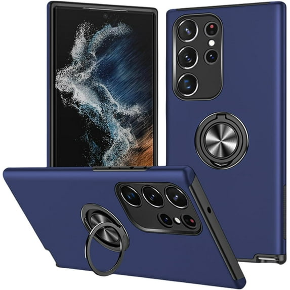 Rugged Durable TPU + PC Phone Case for Samsung Galaxy A13 A23 A33 A53 A73 4G 5G Camera Protection Hidden Finger Ring Holder Back Cover Blue