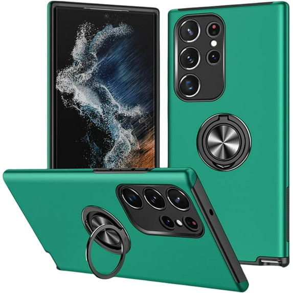 Rugged Durable TPU + PC Phone Case for Samsung Galaxy S23 S22 S21 Ultra Plus FE Camera Protection Hidden Finger Ring Holder Back Cover Green