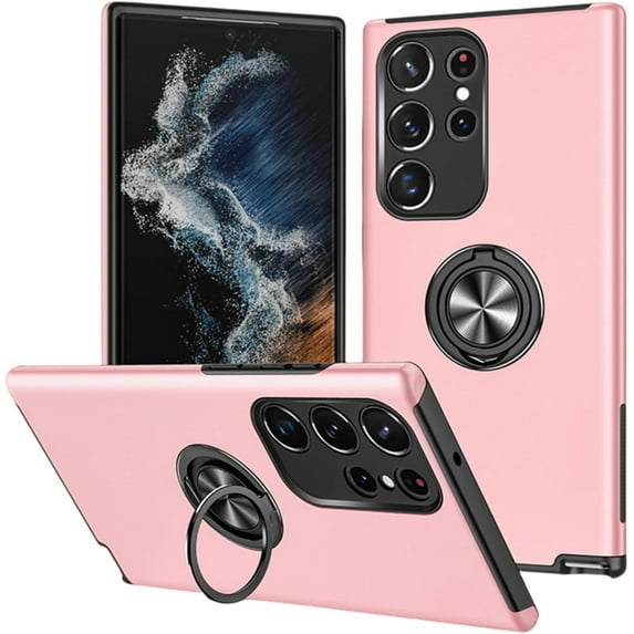 Rugged Durable TPU + PC Phone Case for Samsung Galaxy S23 S22 S21 Ultra Plus FE Camera Protection Hidden Finger Ring Holder Back Cover Pink