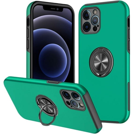Rugged Durable TPU + PC Phone Case for iPhone 12 11 Pro Max Plus Mini Camera Protection Hidden Finger Ring Holder Back Cover Green