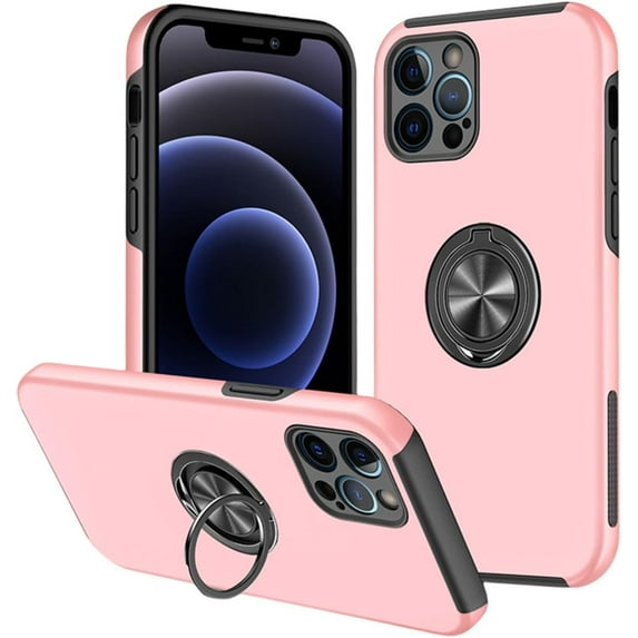 Rugged Durable TPU + PC Phone Case for iPhone 12 11 Pro Max Plus Mini Camera Protection Hidden Finger Ring Holder Back Cover Pink