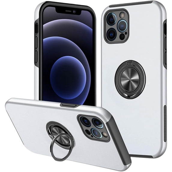 Rugged Durable TPU + PC Phone Case for iPhone 14 13 Pro Max Plus Mini Camera Protection Hidden Finger Ring Holder Back Cover Silver