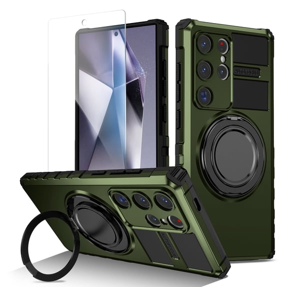 Rugged Galaxy S25 Ultra Case with Screen Protector, Premium Phone Case for Samsung Galaxy S25 Ultra, Military Grade Shockproof, Rotating Stand, Magnetic Back Cover for Car Mount, Drakgreen