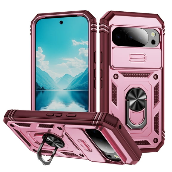 Rugged for Google Pixel 10 /10 Pro Case with Camera Lens Sliding Cover Protective Phone Case with Ring Stand, Heavy Duty Shockproof Magnetic Car Mount Case for Google Pixel 10 /10 Pro, Pink+Red