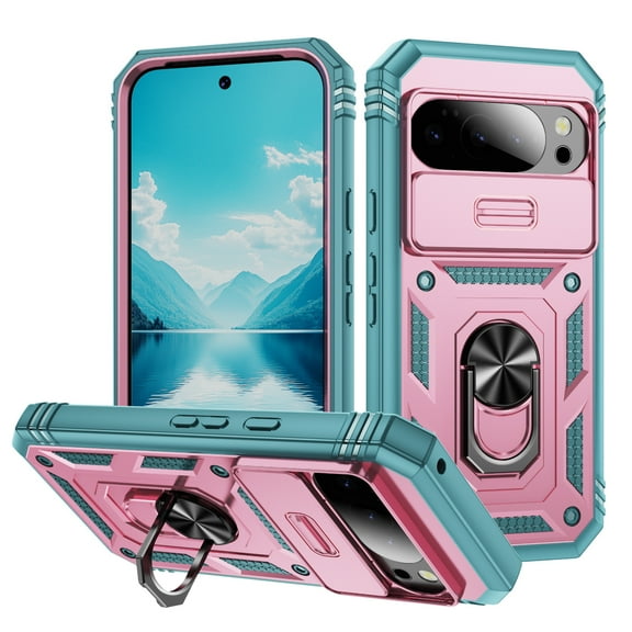 Rugged for Google Pixel 10 Pro XL Case with Camera Lens Sliding Cover Protective Phone Case with Ring Stand, Heavy Duty Shockproof Magnetic Car Mount Case for Google Pixel 10 Pro XL, Pink+Green