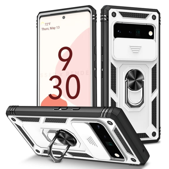 Rugged for Google Pixel 8A Case with Camera Lens Sliding Cover Protective Phone Case with Rotated Ring Holder Stand, Heavy Duty Shockproof Magnetic Car Mount Case for Google Pixel 8A, White+Black