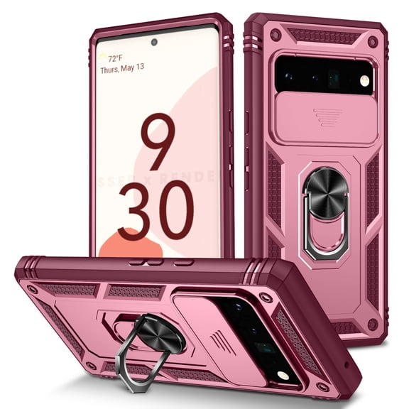 Rugged for Google Pixel 8A Case with Camera Lens Sliding Cover Protective Phone Case with Rotated Ring Holder Stand, Heavy Duty Shockproof Magnetic Car Mount Case for Google Pixel 8A, Pink+Rose