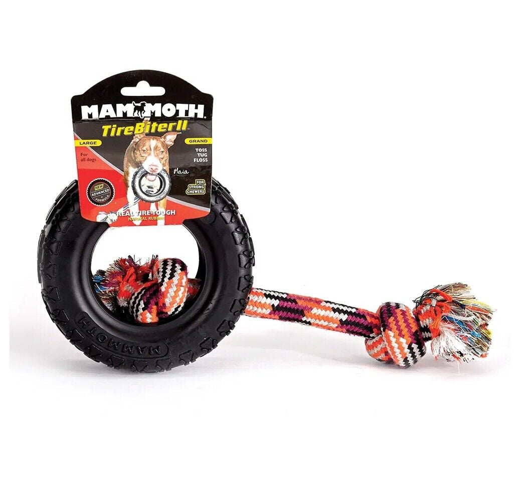 Rugged Hard Rubber Mammoth Tire Biter Dog Toy With Rope Aggressive Chewer Tug (Large)