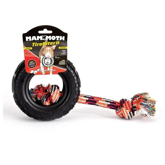 Rugged Hard Rubber Mammoth Tire Biter Dog Toy With Rope Aggressive Chewer Tug (Large)