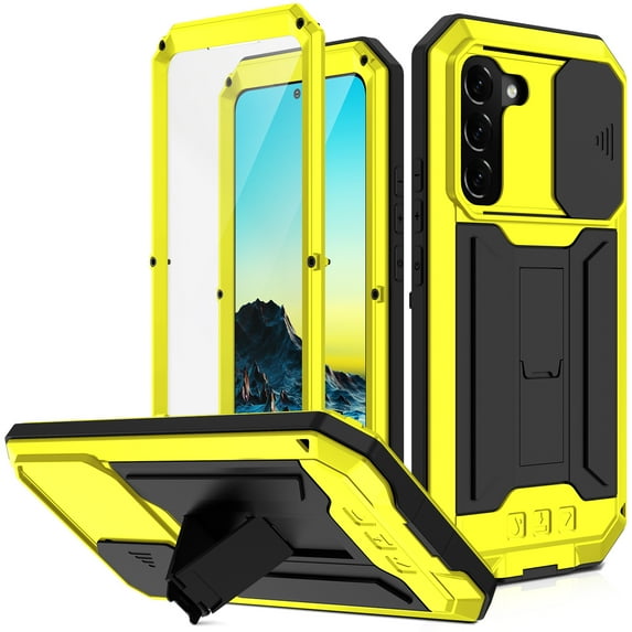 Rugged Heavy Duty Case for Samsung Galaxy S22 Plus, Triple-Layer Armor Military Grade Shockproof Kickstand Cover with Screen Protector Camera Lens Sliding Metal Frame Dustproof Protective Case, Yellow