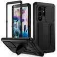 thumbnail image 1 of Rugged Heavy Duty Case for Samsung Galaxy S24 Ultra with Camera Lens Sliding Cover, Triple-Layer Armor Military Grade Shockproof Kickstand Cover Metal Frame Dustproof Protective Case, Black, 1 of 7