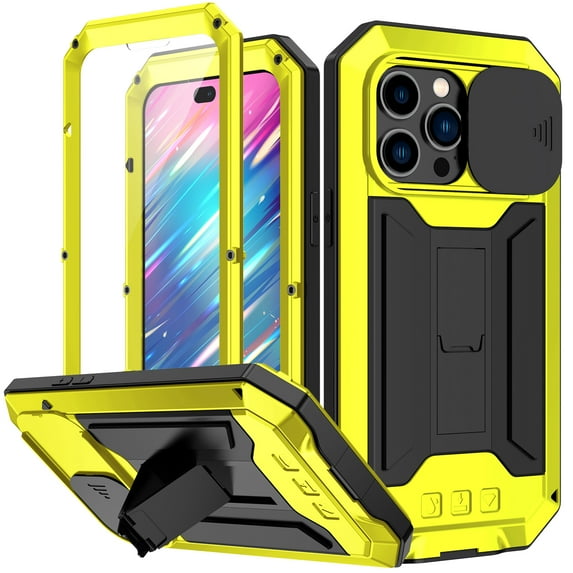 Rugged Heavy Duty Case for iPhone 14 Pro, Triple-Layers Armor Military Grade Shockproof Kickstand Cover with Screen Protector Camera Lens Sliding Metal Frame Dustproof Protective Case, Yellow