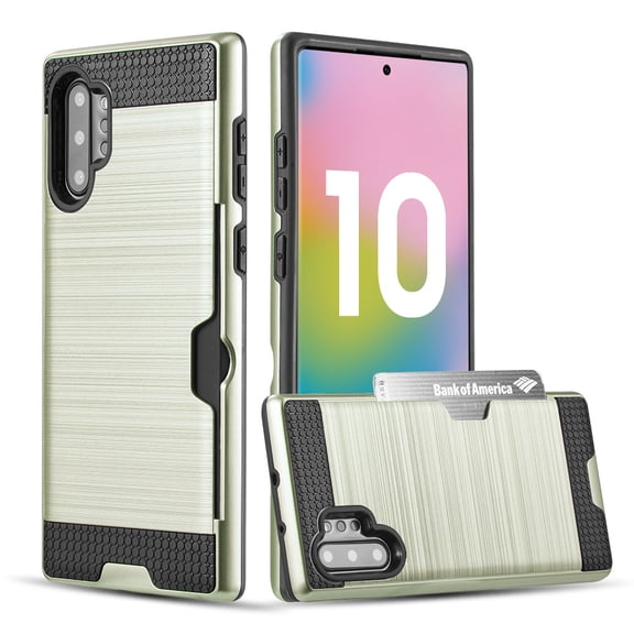 Rugged Hybrid Case Designed for Galaxy Note 10+/10+ 5G (2019) With Credit Card Slot And Rotating Ring Holder (Gold)