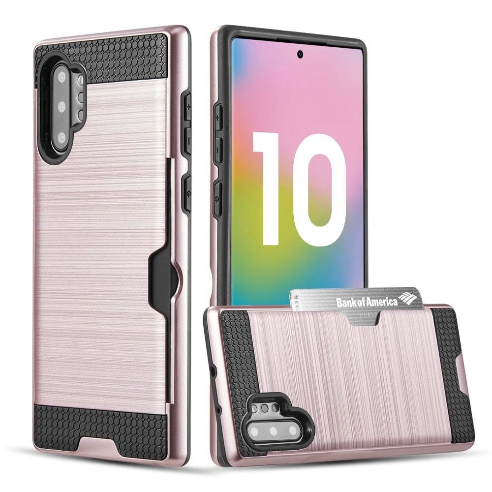 Rugged Hybrid Case Designed for Galaxy Note 10+/10+ 5G (2019) With Credit Card Slot And Rotating Ring Holder (Rose)