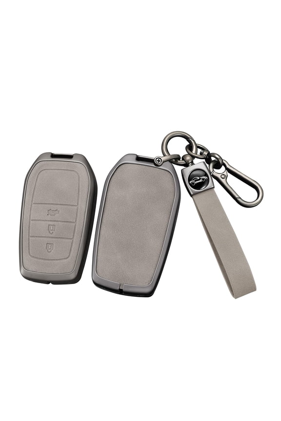 Rugged Hybrid Metal and Leather Protective Key Fob Case Cover with Keychain for Toyota Land Cruiser Venza RAV4 Corolla Se Grand Highlander Tundra Crown Tacoma TRD 3 Button Keyless Entry Remote