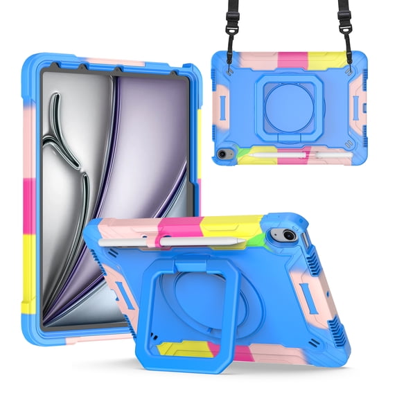 Rugged Kids Case for iPad Pro 11 Inch 5th Generation 2024, Heavy Duty Shockproof 360°Swivel Ring Stand Handle Case Cover for iPad Pro 11 Inch 5th Generation 2024, Colorful/Blue