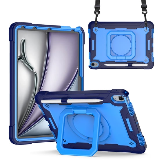 Rugged Kids Case for iPad Pro 11 Inch 5th Generation 2024, Heavy Duty Shockproof 360°Swivel Ring Stand Handle Case Cover for iPad Pro 11 Inch 5th Generation 2024, Navy/Blue