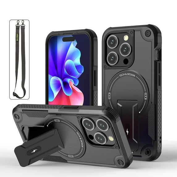 Rugged Magnetic Case for iPhone 14 with Hidden Kickstand and Lanyard, MagSafe Compatible Heavy-Duty Military-Grade Shockproof Camera & Screen Guard Phone Cover for iPhone 14, Black