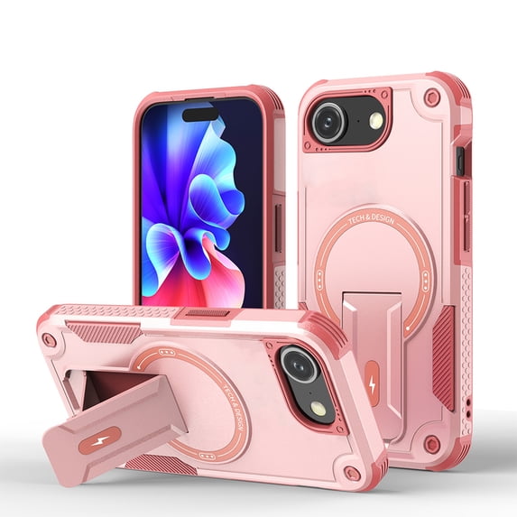 Rugged Magnetic Case for iPhone 16e with Hidden Kickstand and Lanyard, Mag-Safe Compatible Heavy-Duty Military-Grade Shockproof Camera & Screen Guard Phone Cover for iPhone 16e, Pink
