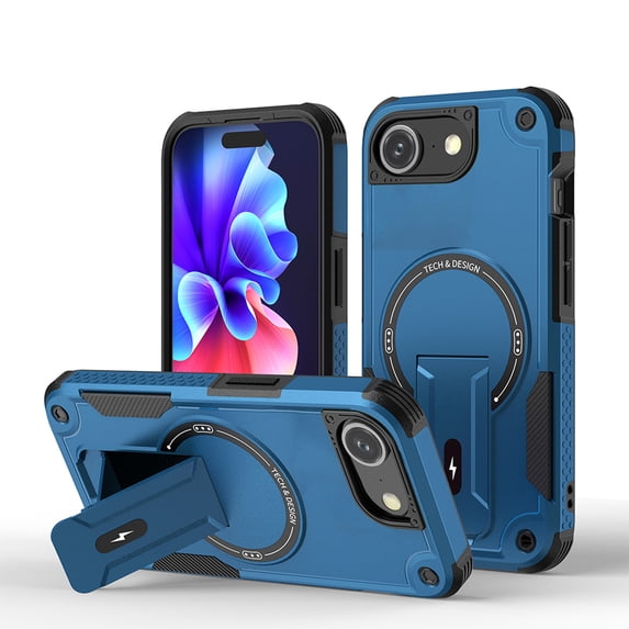 Rugged Magnetic Case for iPhone 16e with Hidden Kickstand and Lanyard, Mag-Safe Compatible Heavy-Duty Military-Grade Shockproof Camera & Screen Guard Phone Cover for iPhone 16e, Darkblue