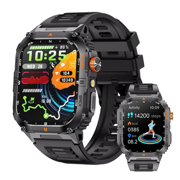 Rugged Men's Smart Watch, 1000mAh Battery, Built-in Flashlight, 100+ Sports Modes, Outdoor Fitness Tracker, iOS Android Compatible, Perfect for Camping Hiking Adventure