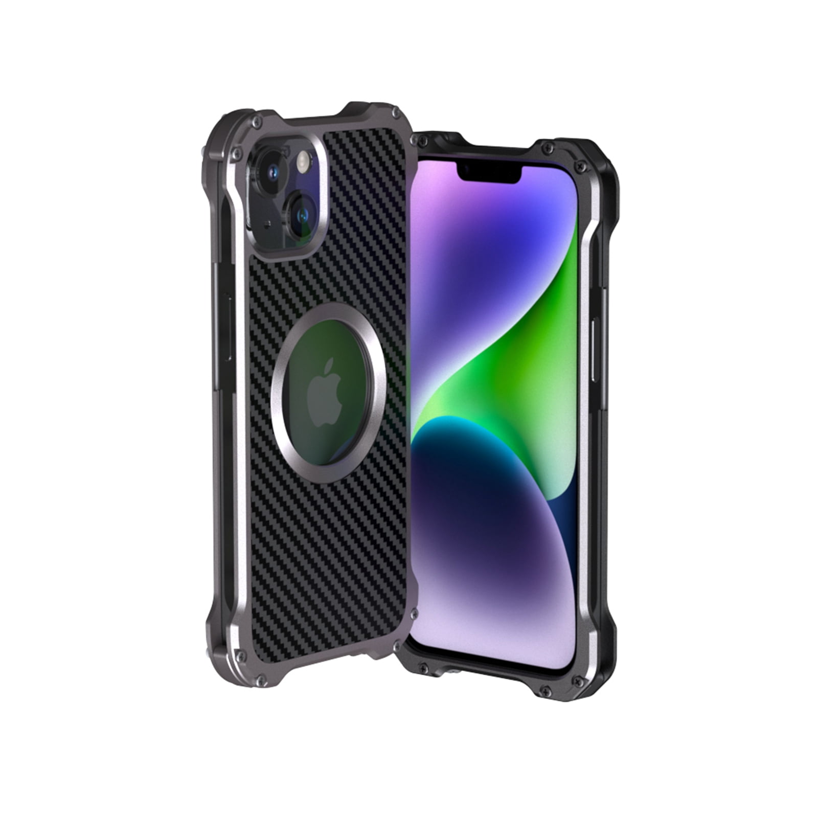 Rugged Metal Frame Case for iPhone 14 Plus, Aluminum Alloy Bumper Carbon Fiber Back Logo Hollow Shockproof Anti-Drop Lens Protection Cover Compatible with Magsafe Wireless Charger Phone Case