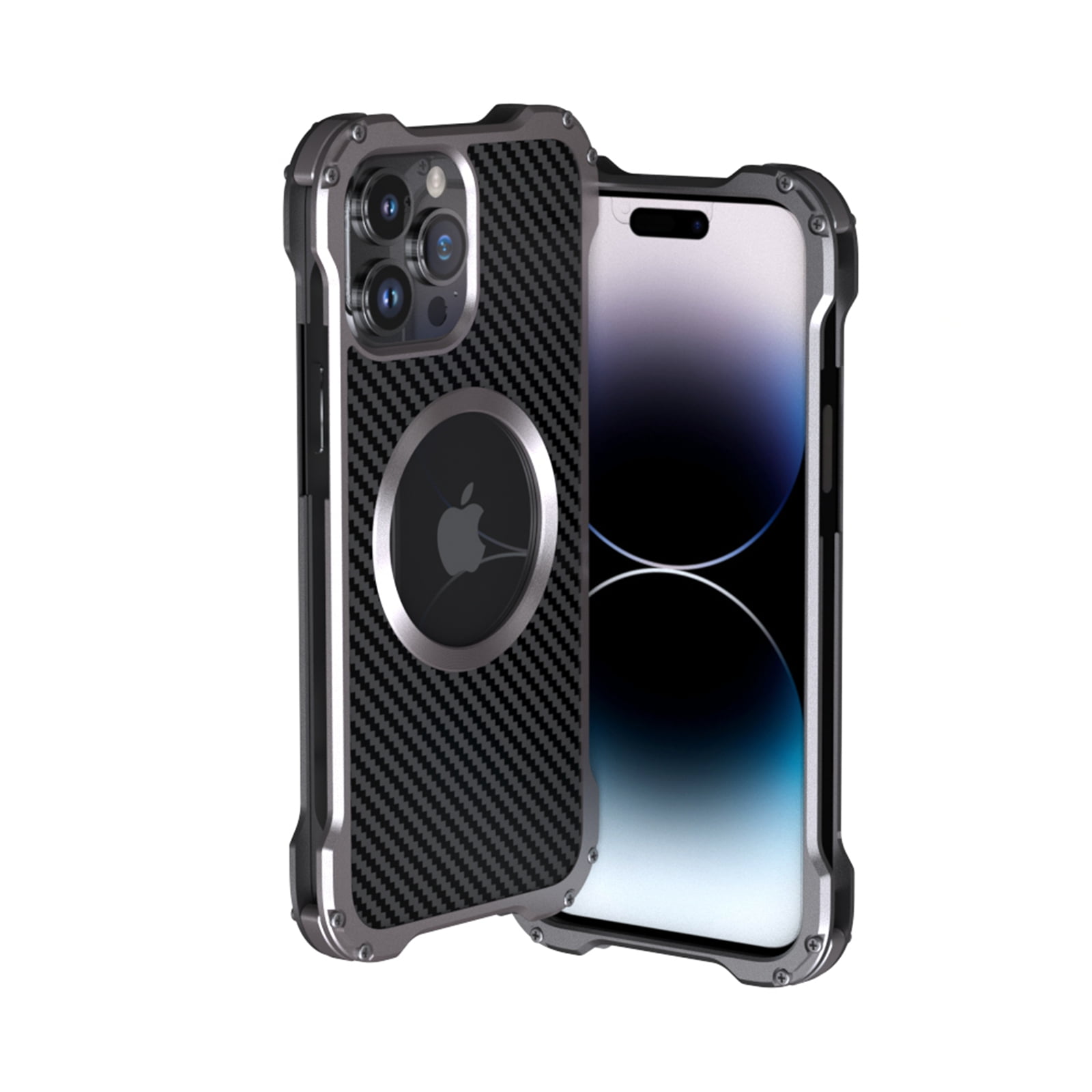 Rugged Metal Frame Case for iPhone 14 Pro, Aluminum Alloy Bumper Carbon Fiber Back Logo Hollow Shockproof Anti-Drop Lens Protection Cover Compatible with Magsafe Wireless Charger Phone Case