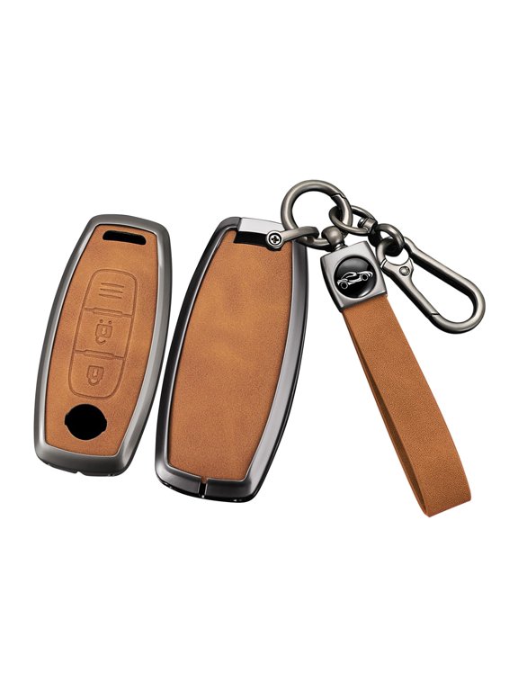 Rugged Metal and Leather 3-Button Smart Key Fob Protector with Keychain Compatible with Nissan Pathfinder 2023 Ariya Kicks X-Trail Rogue Keyless Entry Remote