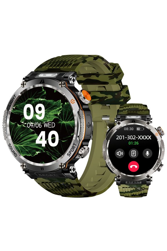 Rugged Outdoor Smart Watch Men, Bluetooth Call & Notification, 1.7" HD Touch, 600mAh, Flashlight, Compass, UV Money Detector, 110+ Sports Modes, iOS Android Compatible