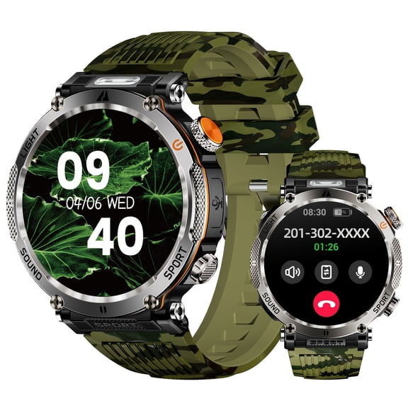 Rugged Outdoor Smart Watch Men, Bluetooth Call & Notification, 1.7" HD Touch, 600mAh, Flashlight, Compass, UV Money Detector, 110+ Sports Modes, iOS Android Compatible
