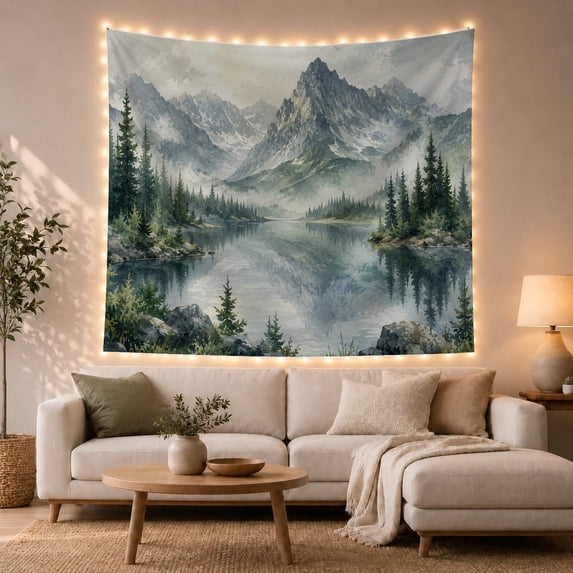 Rugged Peaks Above a Reflective Evergreen Lake, Serene Watercolor for Nature Lovers, Alpine Landscape Art, New Home Gift, Tapestry Wall Hanging for Bedroom and Living Room