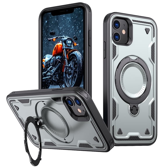 Rugged Phone Case for Apple iPhone 11, Military Grade Shockproof iPhone 11 Case with Ring Holder, Kickstand, TPU & PC Shell MagSafe Compatible iPhone 11 Cover, Gray