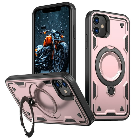 Rugged Phone Case for Apple iPhone 12 Pro / 12 6.1", Military Grade Shockproof iPhone 12 Pro / iPhone 12 Case with Ring Holder, Kickstand, TPU & PC Shell Compatible with MagSafe, Rosegold