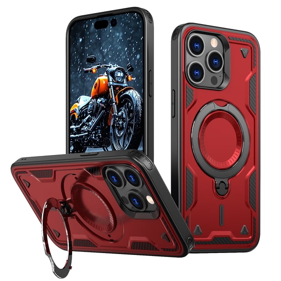 Rugged Phone Case for Apple iPhone 13 Pro Max, Military Grade Shockproof iPhone 13 Pro Max Case with Ring Holder, Kickstand, TPU & PC Shell MagSafe Compatible iPhone 13 Pro Max Cover, Red