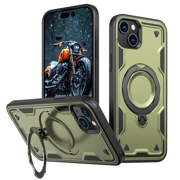 Rugged Phone Case for Apple iPhone 14, Military Grade Shockproof iPhone 14 Case with Ring Holder, Kickstand, TPU & PC Shell MagSafe Compatible iPhone 14 Cover, Olivegreen