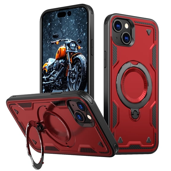 Rugged Phone Case for Apple iPhone 14, Military Grade Shockproof iPhone 14 Case with Ring Holder, Kickstand, TPU & PC Shell MagSafe Compatible iPhone 14 Cover, Red