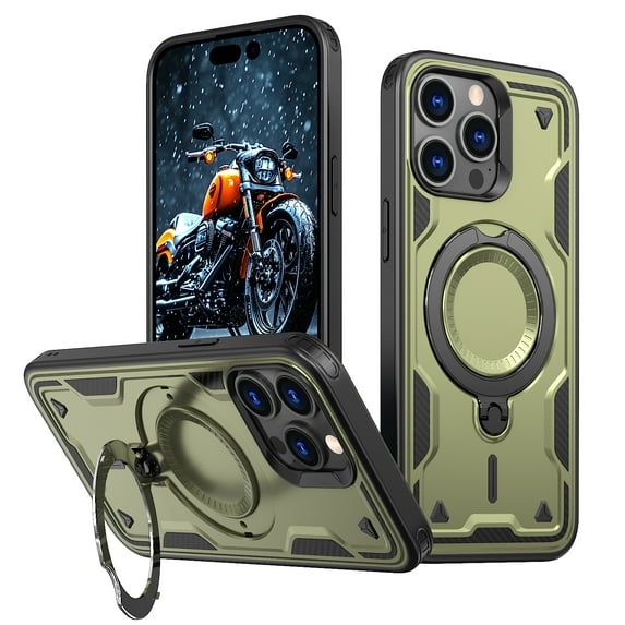 Rugged Phone Case for Apple iPhone 14 Pro Max, Military Grade Shockproof iPhone 14 Pro Max Case with Ring Holder, Kickstand, TPU & PC Shell MagSafe Compatible iPhone 14 Pro Max Cover, Olivegreen
