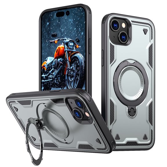 Rugged Phone Case for Apple iPhone 15 Plus, Military Grade Shockproof iPhone 15 Plus Case with Ring Holder, Kickstand, TPU & PC Shell MagSafe Compatible iPhone 15 Plus Cover, Gray