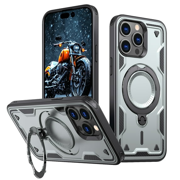 Rugged Phone Case for Apple iPhone 15 Pro Max, Military Grade Shockproof iPhone 15 Pro Max Case with Ring Holder, Kickstand, TPU & PC Shell MagSafe Compatible iPhone 15 Pro Max Cover, Gray