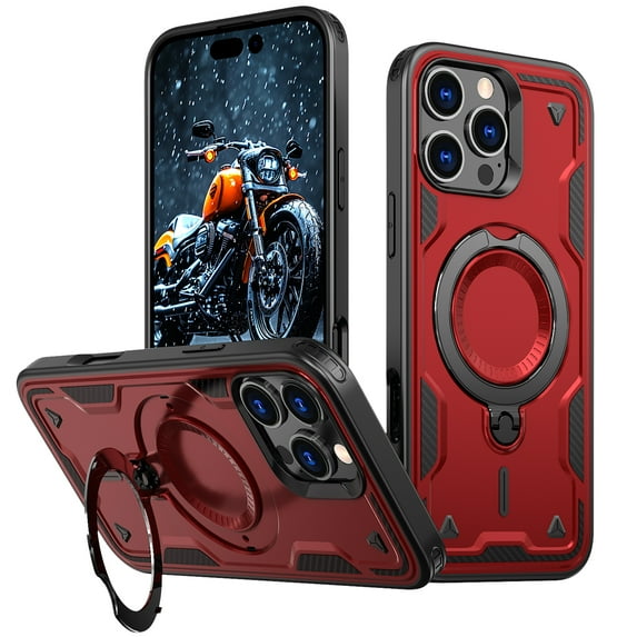Rugged Phone Case for Apple iPhone 16 Pro Max, Military Grade Shockproof iPhone 16 Pro Max Case with Ring Holder, Kickstand, TPU & PC Shell MagSafe Compatible iPhone 16 Pro Max Cover, Red