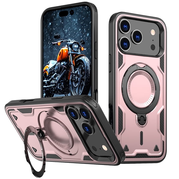 Rugged Phone Case for Apple iPhone 17, Military Grade Shockproof iPhone 17 Case with Ring Holder, Kickstand, TPU & PC Shell MagSafe Compatible iPhone 17 Cover, Rosegold