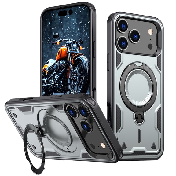 Rugged Phone Case for Apple iPhone 17 Pro, Military Grade Shockproof iPhone 17 Pro Case with Ring Holder, Kickstand, TPU & PC Shell MagSafe Compatible iPhone 17 Pro Cover, Gray