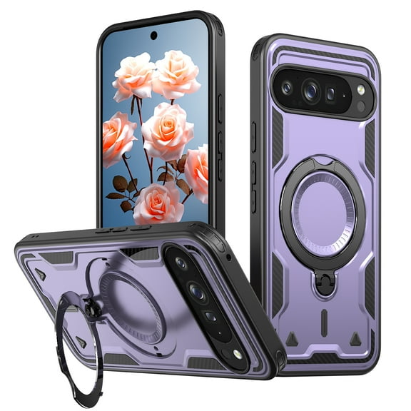 Rugged Phone Case for Google Pixel 10A, Compatible with MagSafe Military Grade Shockproof Google Pixel 10A Case with Ring Holder, Kickstand, TPU & PC Shell Cover for Women Men, Purple